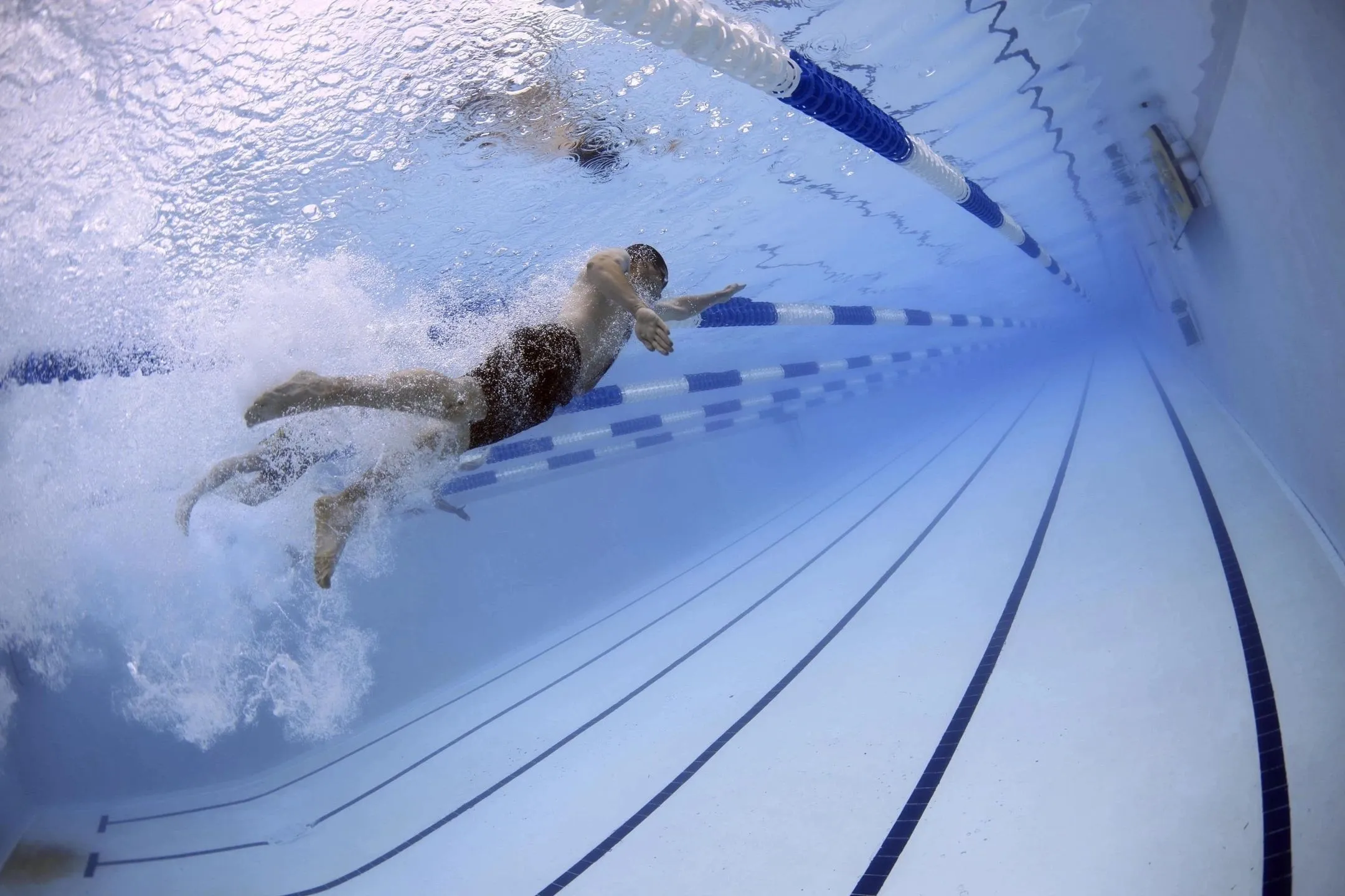 Two swimmers swimming in a pool under water.